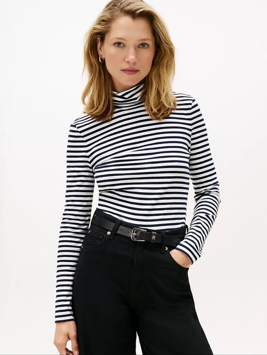 Tommy Hilfiger Sweaters - Tommy Hilfiger Black & White Striped Turtleneck T - Shirt